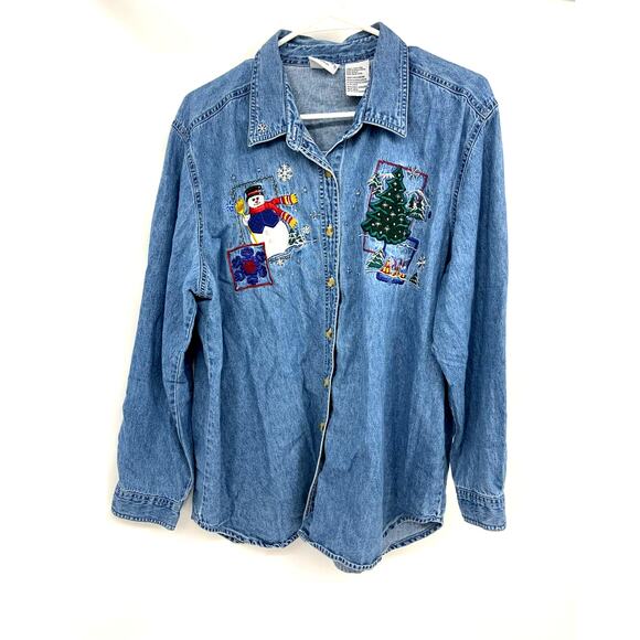 Bobbie Brooks Denim Shirt Blue Christmas Snowman Embroidered Button Up 18W/20W - Picture 1 of 5